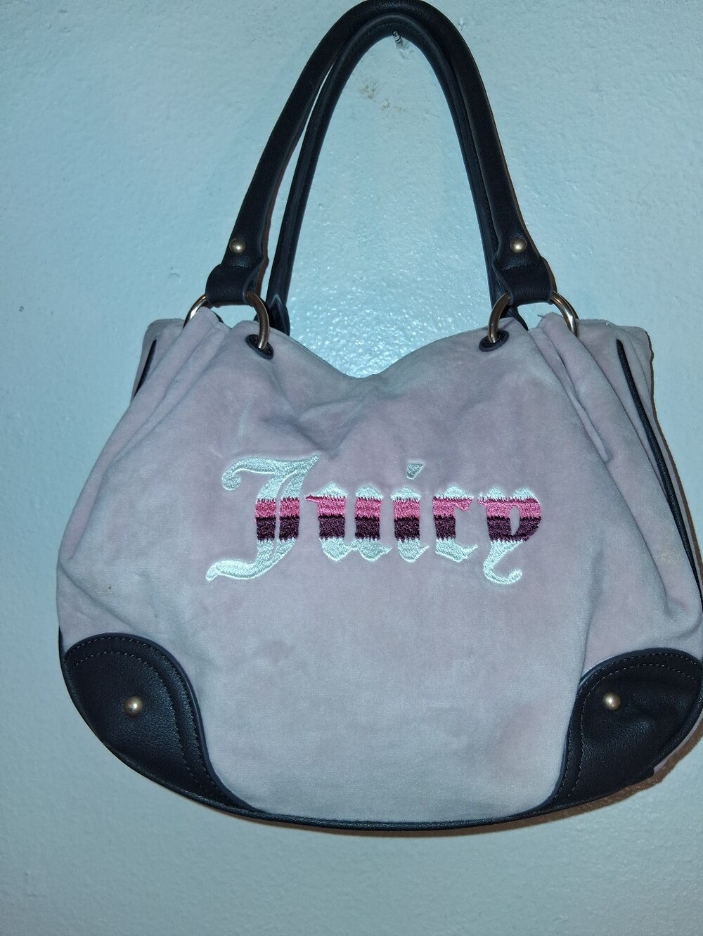 Juicy Couture Light Pink Suede Shoulder Bag with Black Trim